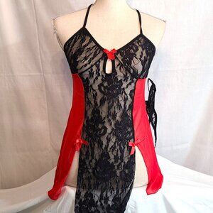 NWT Nightie Teddie Sexy Red Black Lace Adult Lingerie Thong Set Medium